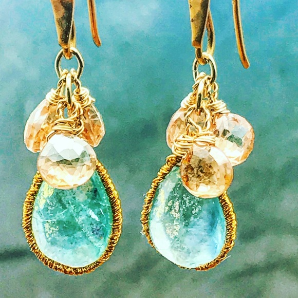 SOLD Fluorite blush CZ  aqua dangle  earrings - Picture 2 of 4